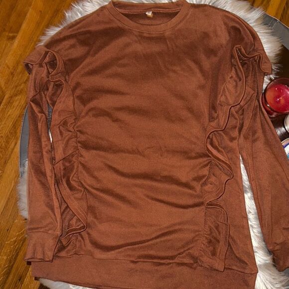 Long Sleeve Brown Sweater with ruffles. Size small. - Picture 5 of 9